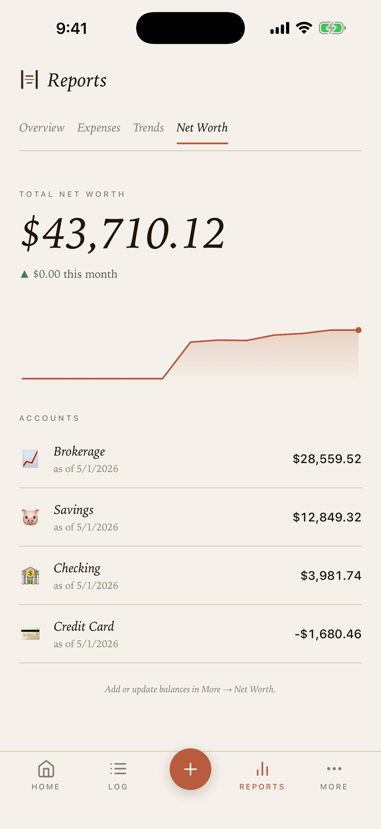 Net worth screen with assets, liabilities, and a trend chart.